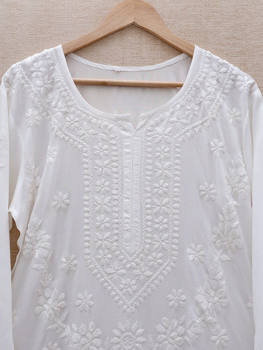 Muslin Chikankari Women's Stitched Kurta with Bottoms - White