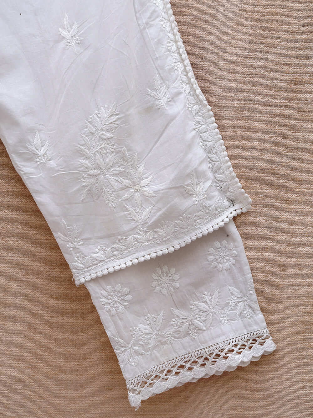 Cotton Chikankari Embroidered Double Flap Bottom – Off White