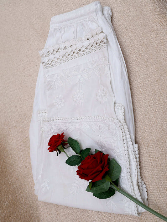 Cotton Chikankari Embroidered Double Flap Bottom – Off White