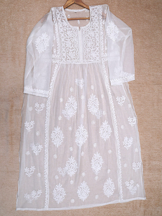 Semi Chanderi Chikankari Women Semi Stitched Kurta Dupatta - Off White