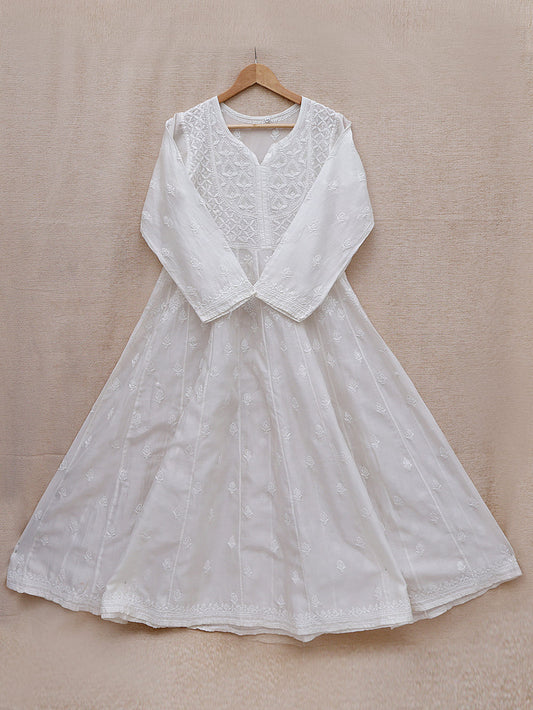 Semi Chanderi Silk Chikankari Anarkali Kurta - Off White