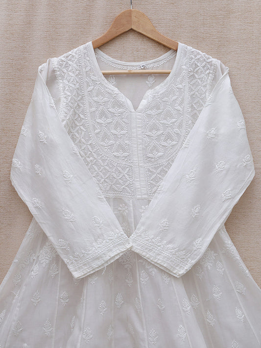 Semi Chanderi Silk Chikankari Anarkali Kurta - Off White