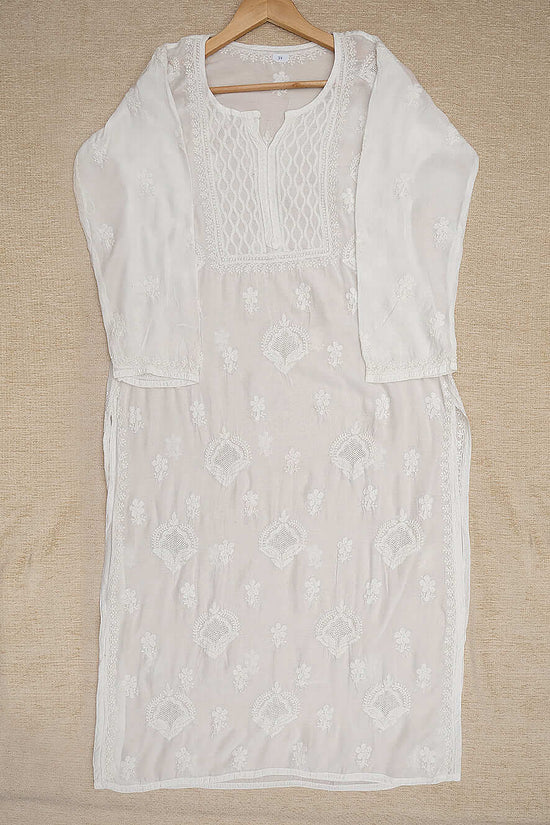 Pure Muslin Chikankari & Jali Work Women's Stitched Kurta – White
