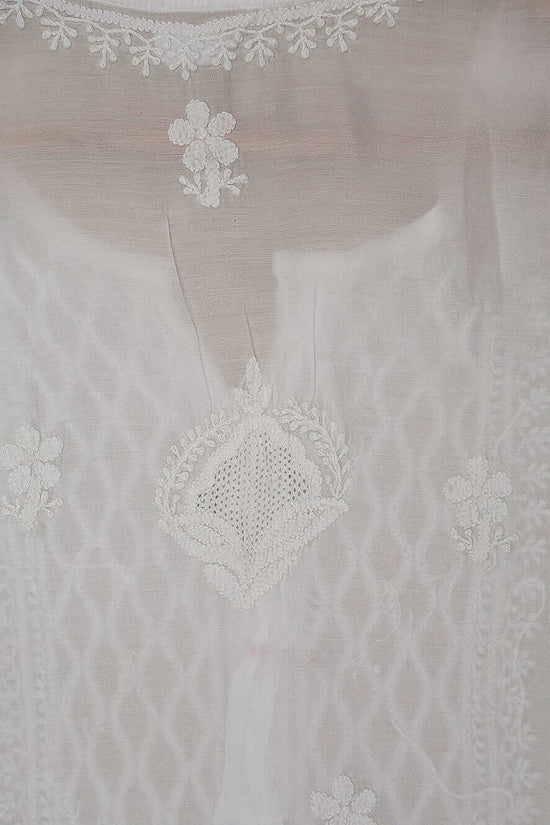 Pure Muslin Chikankari & Jali Work Women's Stitched Kurta – White