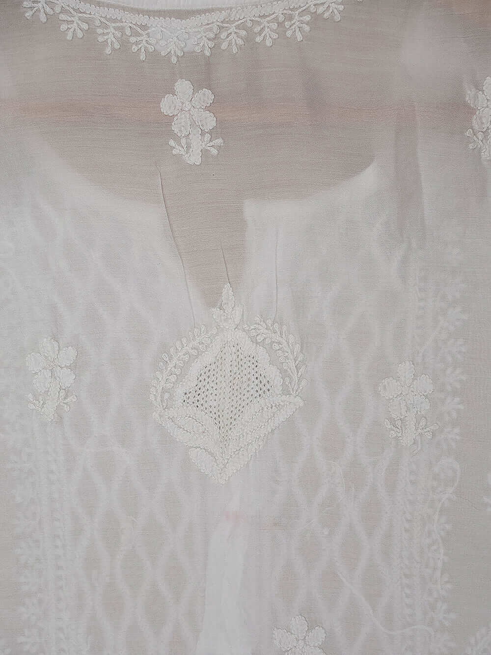 Pure Muslin Chikankari & Jali Work Women's Stitched Kurta – White