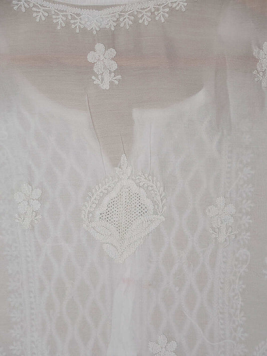 Pure Muslin Chikankari & Jali Work Women's Stitched Kurta – White