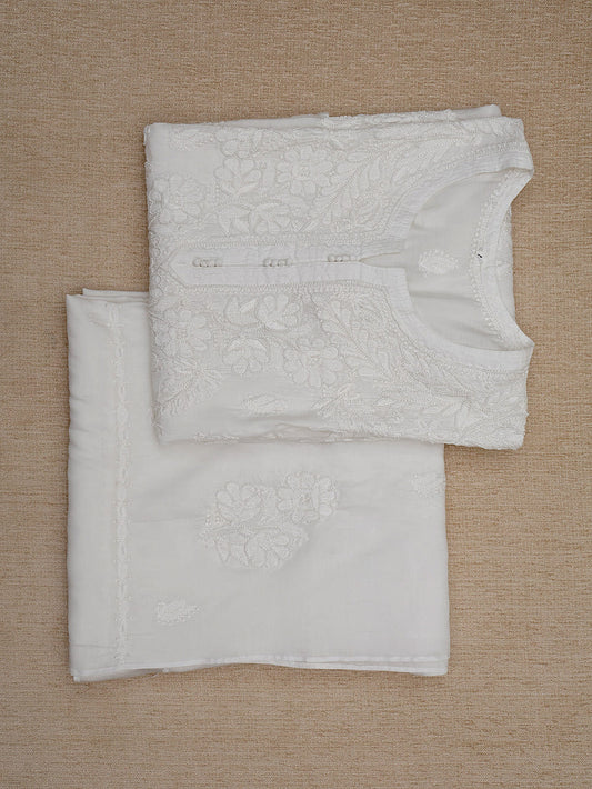 Cotton Chikankari Women Stitched Kurta Dupatta - Off White