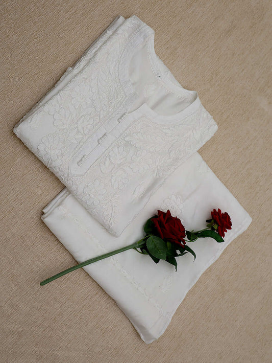 Cotton Chikankari Women Stitched Kurta Dupatta - Off White