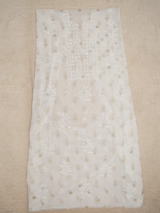Pure Chanderi Chikankari Women Unstitched Kurta Dupatta - Off White