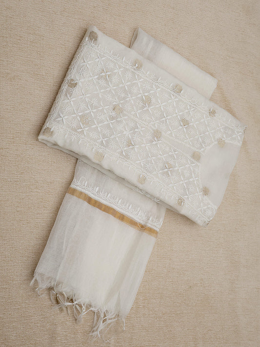 Pure Chanderi Chikankari Women Unstitched Kurta Dupatta - Off White