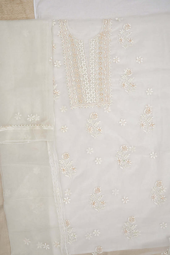 Semi-Organza Chikankari & Zardozi Embroidered Women's Unstitched Kurta Dupatta Set – Off White