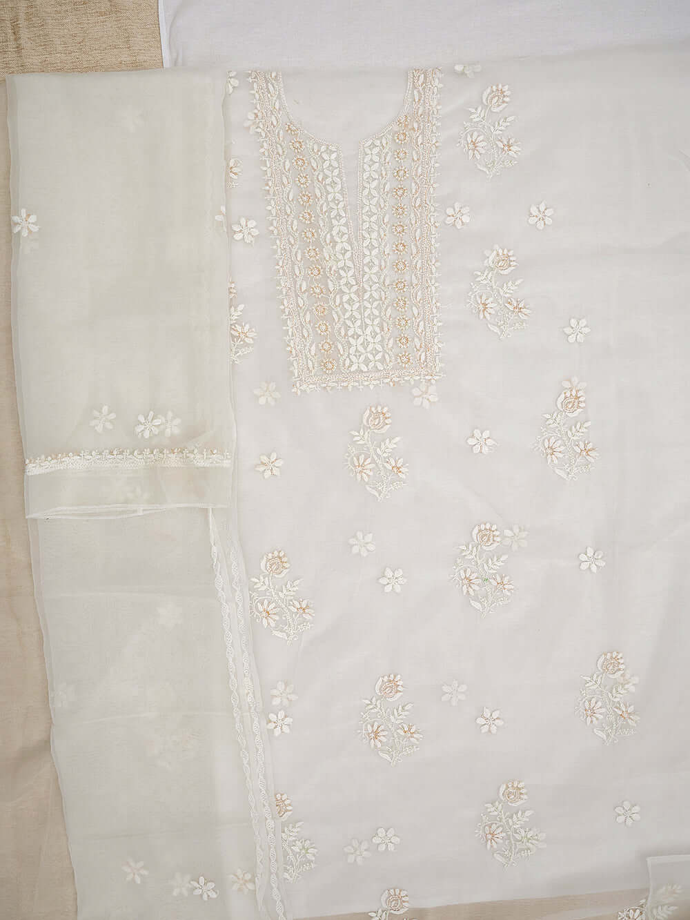 Semi-Organza Chikankari & Zardozi Embroidered Women's Unstitched Kurta Dupatta Set – Off White