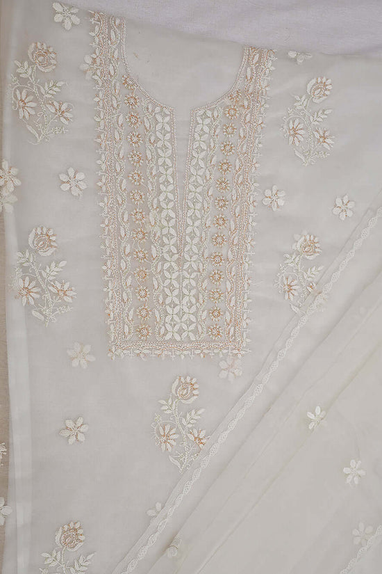 Semi-Organza Chikankari & Zardozi Embroidered Women's Unstitched Kurta Dupatta Set – Off White