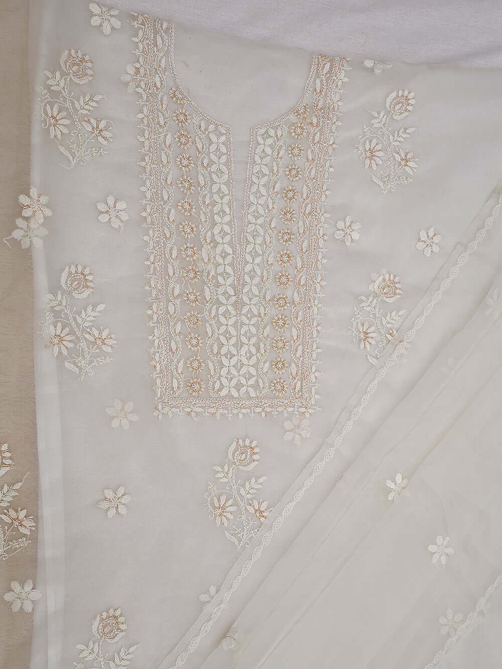 Semi-Organza Chikankari & Zardozi Embroidered Women's Unstitched Kurta Dupatta Set – Off White