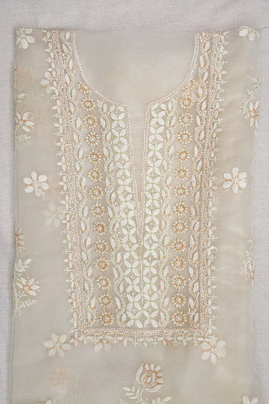 Semi-Organza Chikankari & Zardozi Embroidered Women's Unstitched Kurta Dupatta Set – Off White