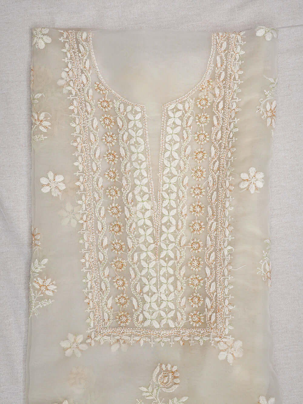 Semi-Organza Chikankari & Zardozi Embroidered Women's Unstitched Kurta Dupatta Set – Off White