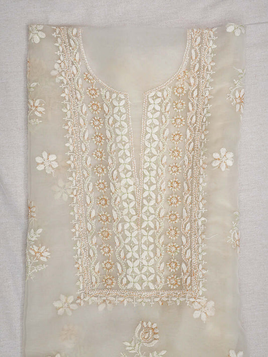 Semi-Organza Chikankari & Zardozi Embroidered Women's Unstitched Kurta Dupatta Set – Off White