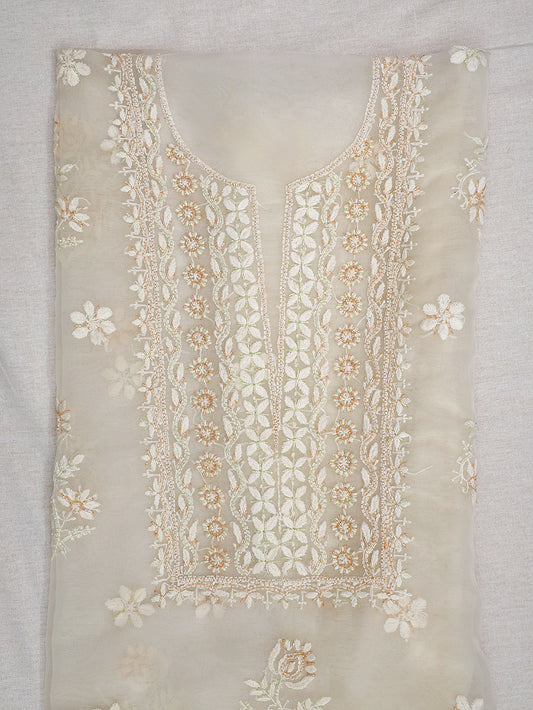 Semi-Organza Chikankari & Zardozi Embroidered Women's Unstitched Kurta Dupatta Set – Off White