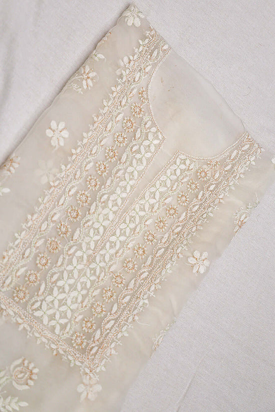 Semi-Organza Chikankari & Zardozi Embroidered Women's Unstitched Kurta Dupatta Set – Off White