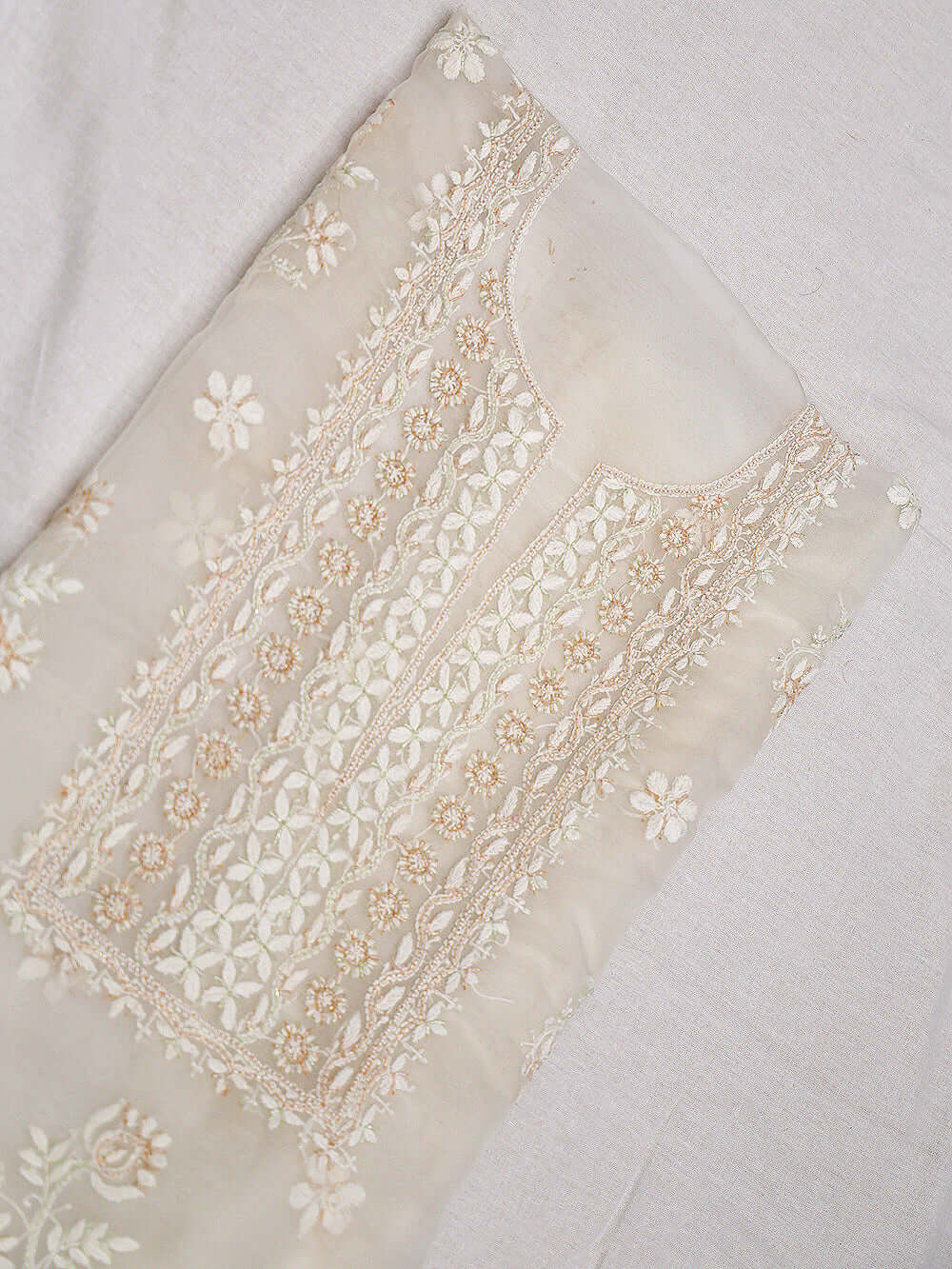 Semi-Organza Chikankari & Zardozi Embroidered Women's Unstitched Kurta Dupatta Set – Off White
