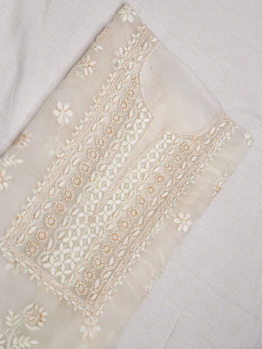 Semi-Organza Chikankari & Zardozi Embroidered Women's Unstitched Kurta Dupatta Set – Off White