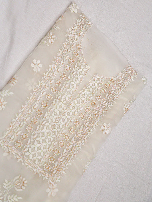 Semi-Organza Chikankari & Zardozi Embroidered Women's Unstitched Kurta Dupatta Set – Off White