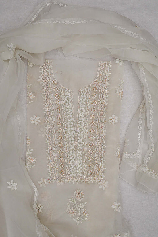 Semi-Organza Chikankari & Zardozi Embroidered Women's Unstitched Kurta Dupatta Set – Off White