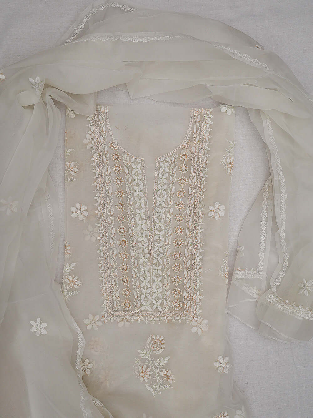 Semi-Organza Chikankari & Zardozi Embroidered Women's Unstitched Kurta Dupatta Set – Off White