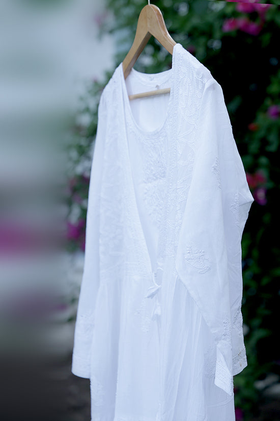 Cotton Chikankari Women Unstitchrd Angrakha - Off White