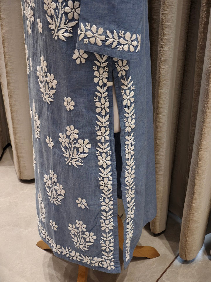 Denim 3D Chikankari Stitched Blue Kurta