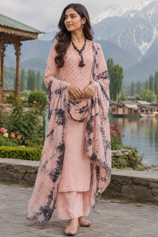 Mal Chanderi Chikankari And Zardozi Women's Unstitched Kurta Dupatta Set - Dark Peach And Bandhani print