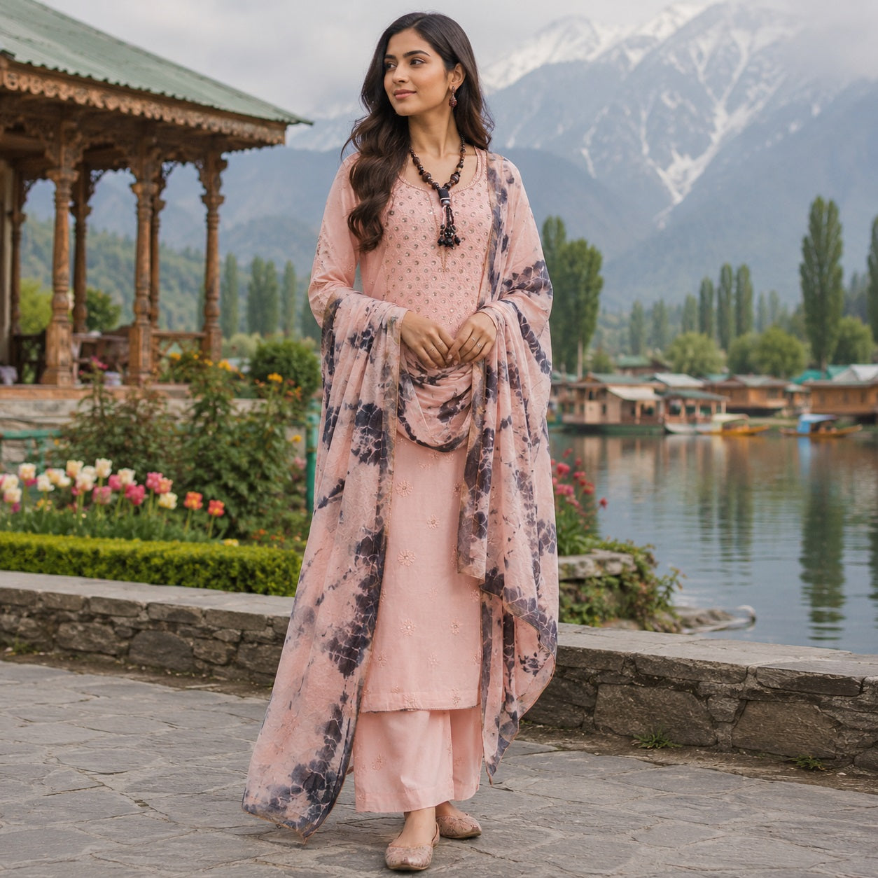 Mal Chanderi Chikankari And Zardozi Women's Unstitched Kurta Dupatta Set - Dark Peach And Bandhani print