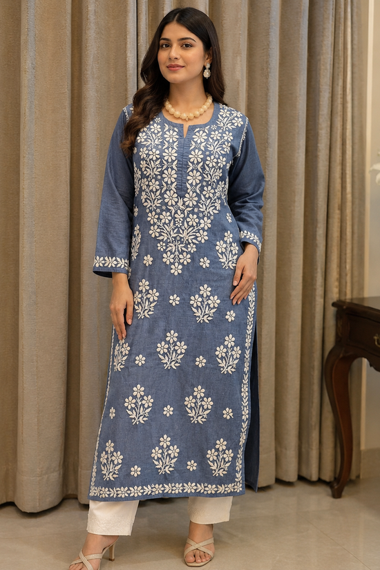 Denim 3D Chikankari Stitched Blue Kurta