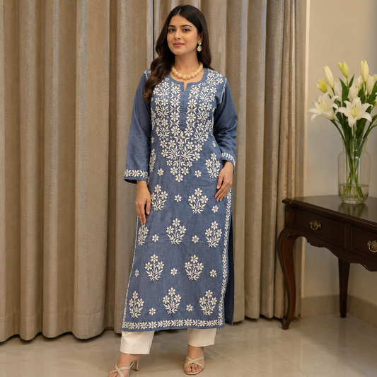 Denim 3D Chikankari Stitched Blue Kurta