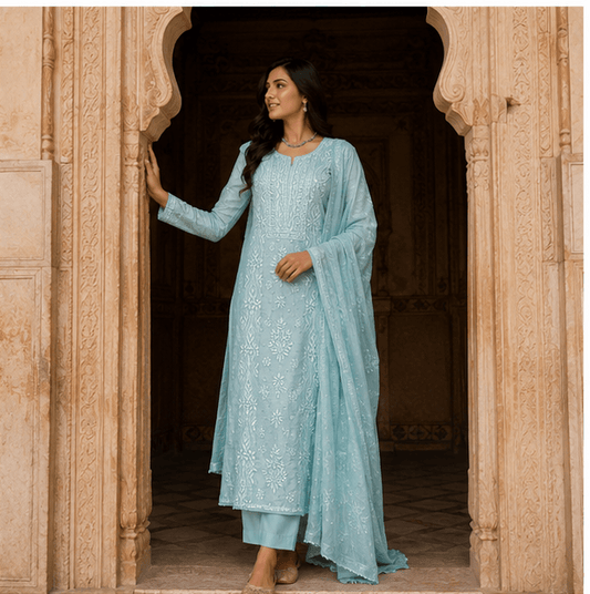 Chanderi Chikankari And Zardozi Women’s Unstitched Suit Set - Blue