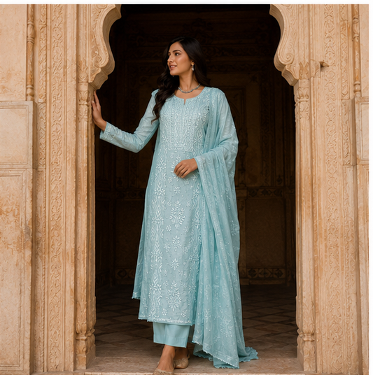 Chanderi Chikankari And Zardozi Women’s Unstitched Suit Set - Blue