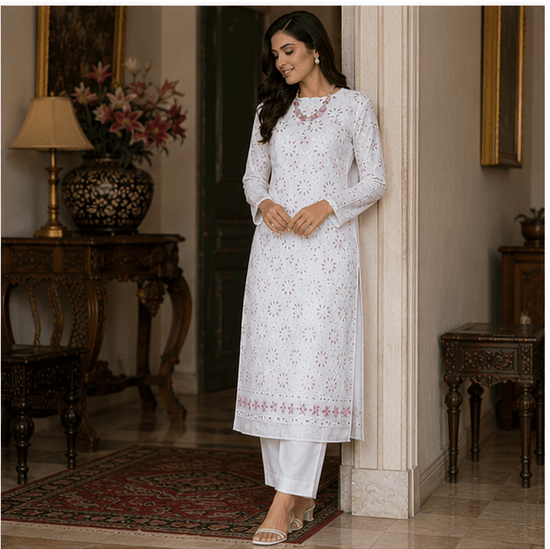 Cotton Chikankari Zardozi And Gota Patti Women's Unstitched Kurta - Cream