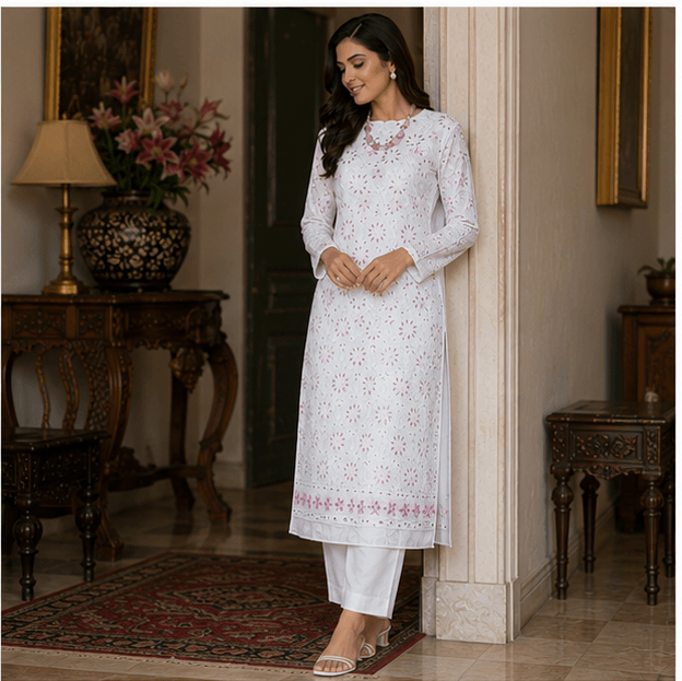 Cotton Chikankari Zardozi And Gota Patti Women's Unstitched Kurta - Cream