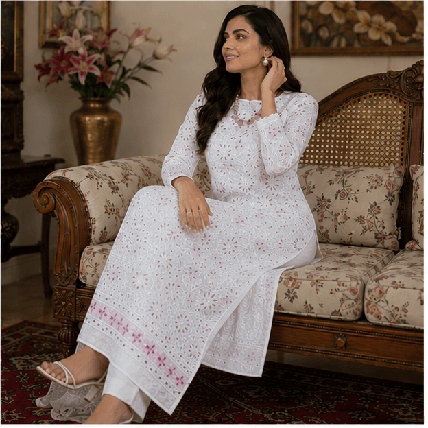 Cotton Chikankari Zardozi And Gota Patti Women's Unstitched Kurta - Cream