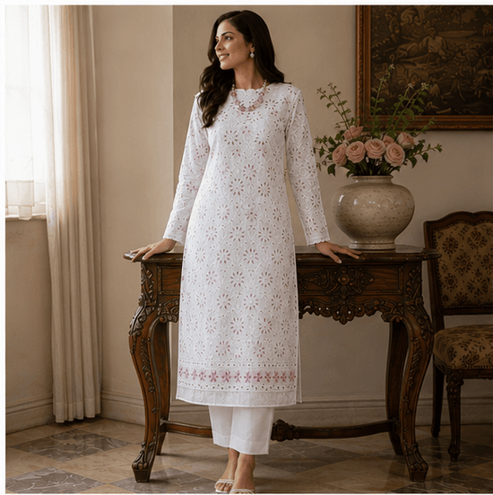 Cotton Chikankari Zardozi And Gota Patti Women's Unstitched Kurta - Cream