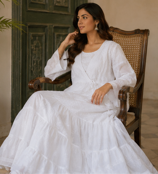 Cotton Chikankari Women Stitched Angrakha - Off White
