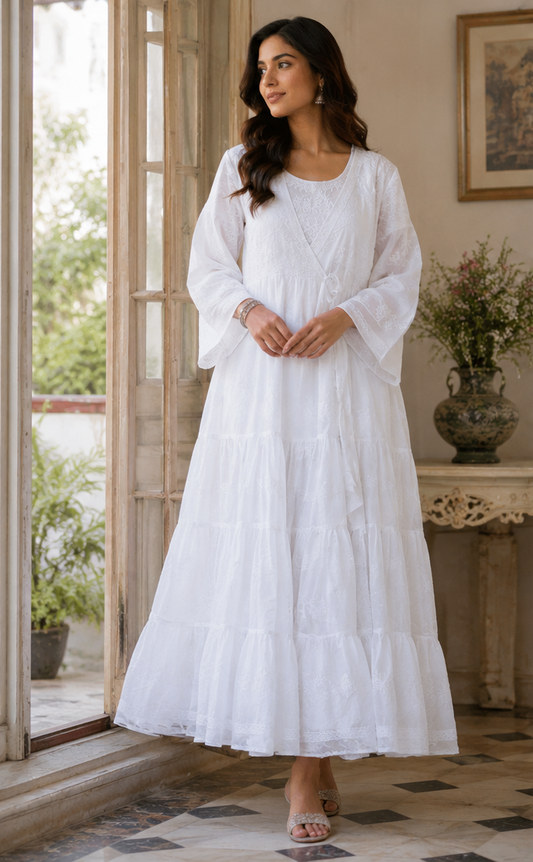 Cotton Chikankari Women Stitched Angrakha - Off White