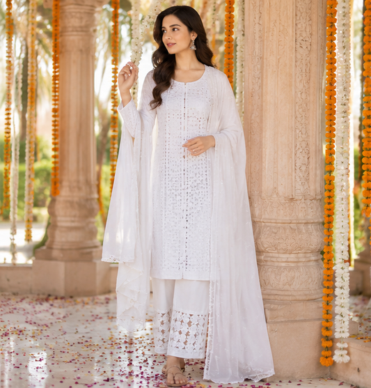Cotton Chikankari Women Bottom - White