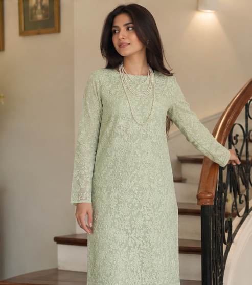 Cotton Chikankari Women's Unstitched Kurta Dupatta - Lime Green