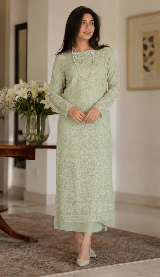 Cotton Chikankari Women's Unstitched Kurta Dupatta - Lime Green