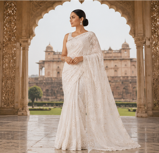 Viscose Chikankari Saree - Off White
