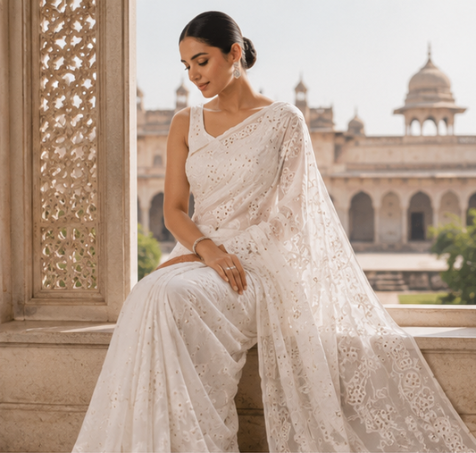 Viscose Chikankari Saree - Off White