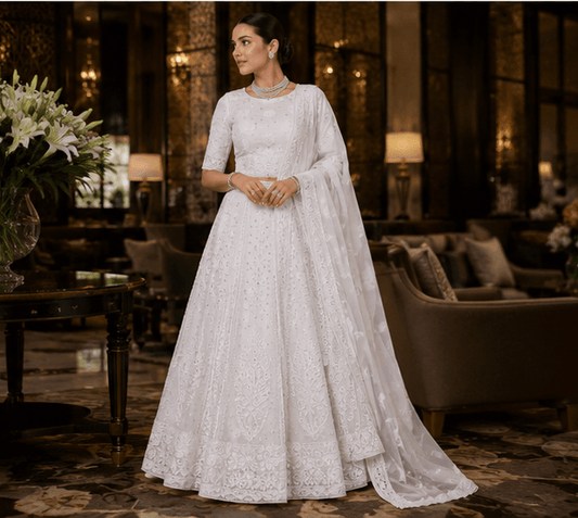 Viscose Heavy Chikankari And Zardozi Work Women's Lehenga - Off-White