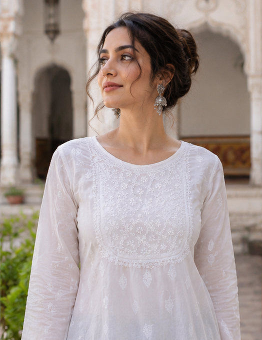 Muslin Chikankari Women Stitched Short Kurti - Off White