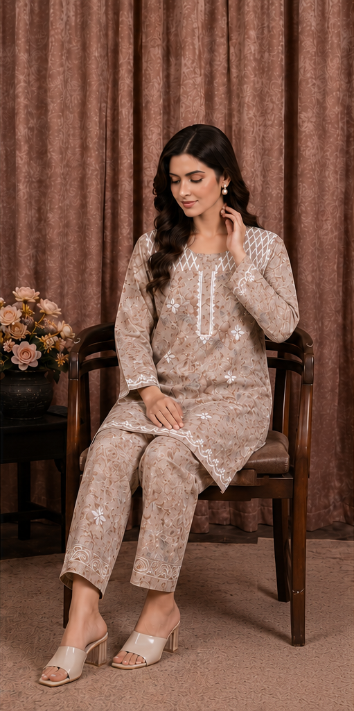 Cotton 3D Chikankari Women Co-ord Set - Brown